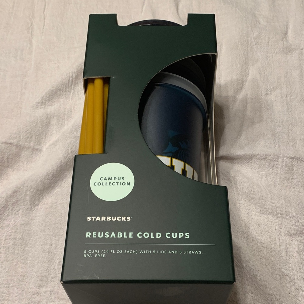 Starbucks Campus FIU Collection 5 Reusable Cold Cups W/Yellow Straws & Lids NEW